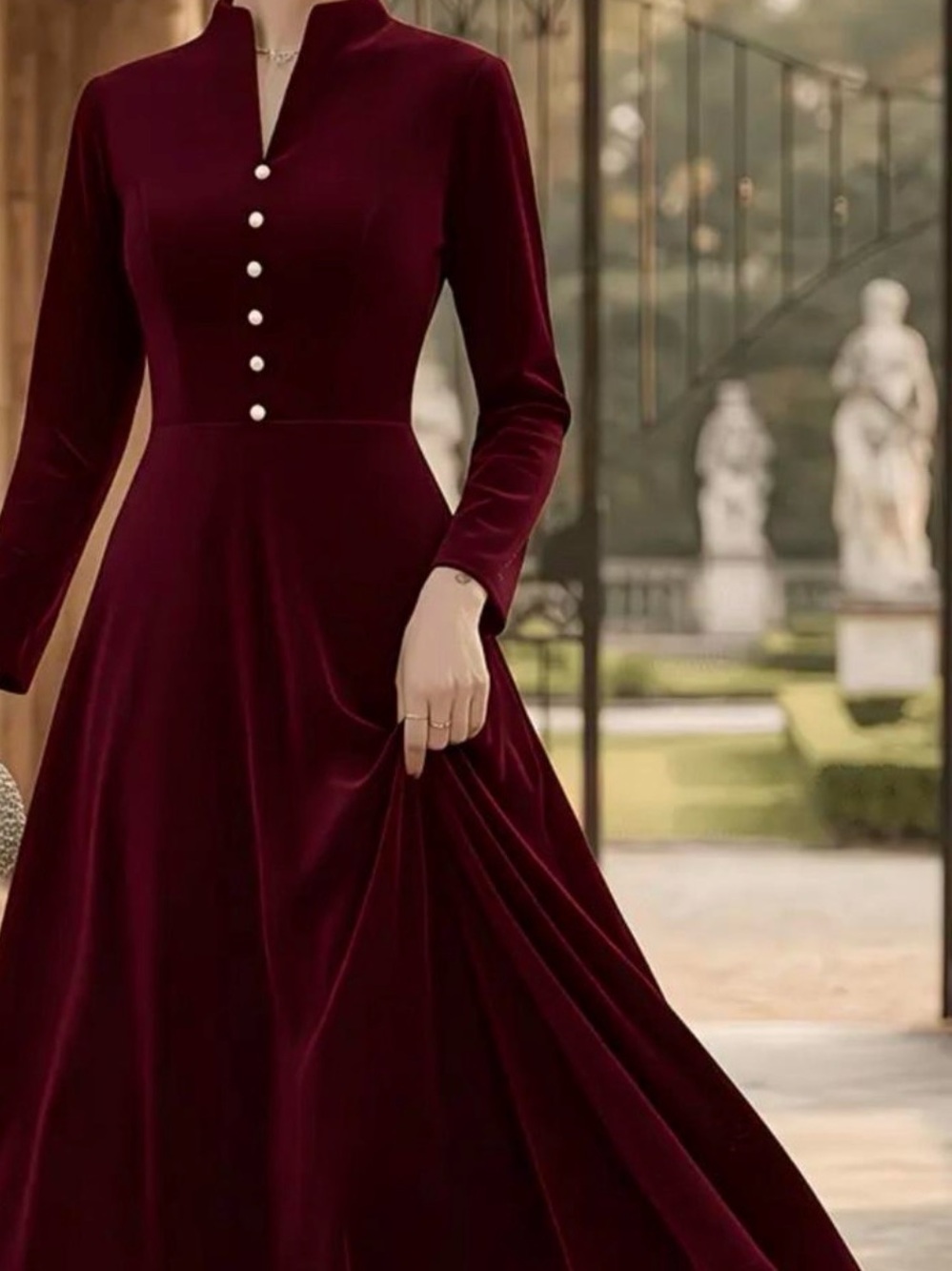 Elegant Burgundy Velvet Midi Dress with Pearl Buttons, best dress for ladies